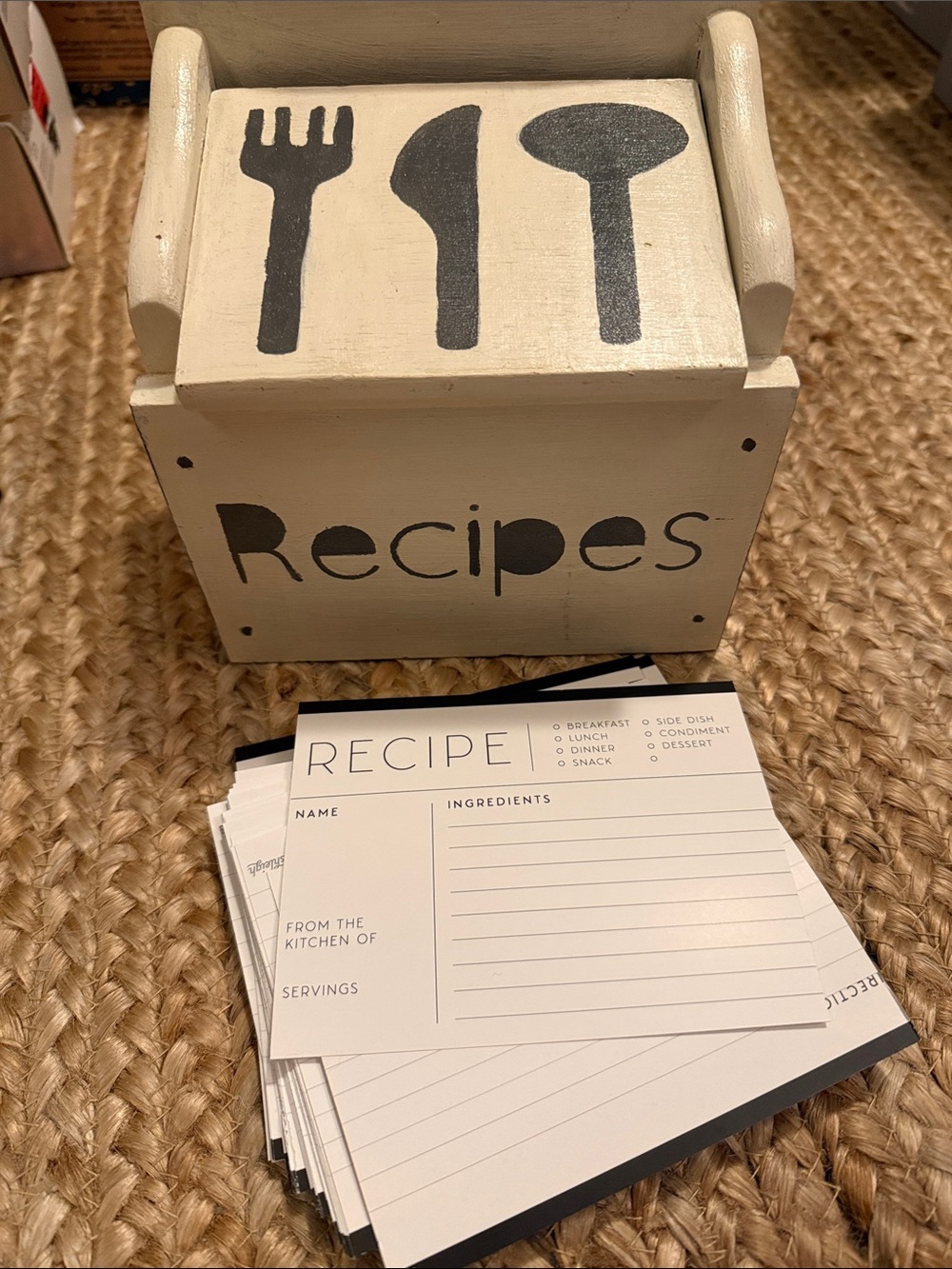Vintage Cream Recipe Box with Black Cutlery Motif